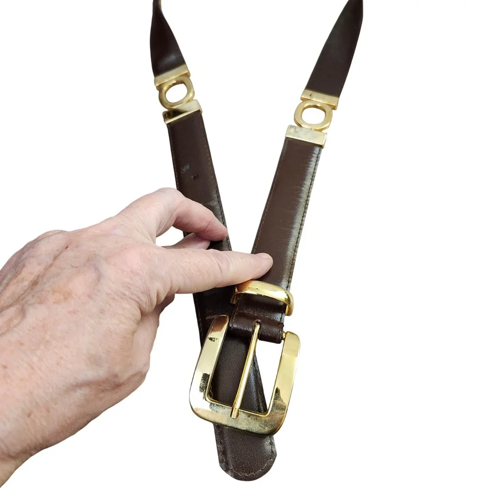 Classic Dark Brown Genuine Leather Belt with Gold Ring Accents Sz L Dk Academia‎